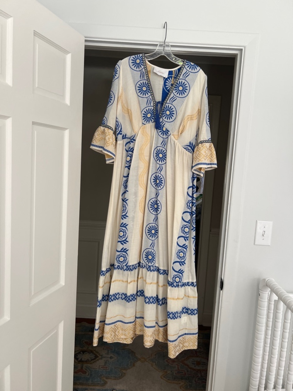 Cream Maxi Dress with Blue & Gold Embroidery
